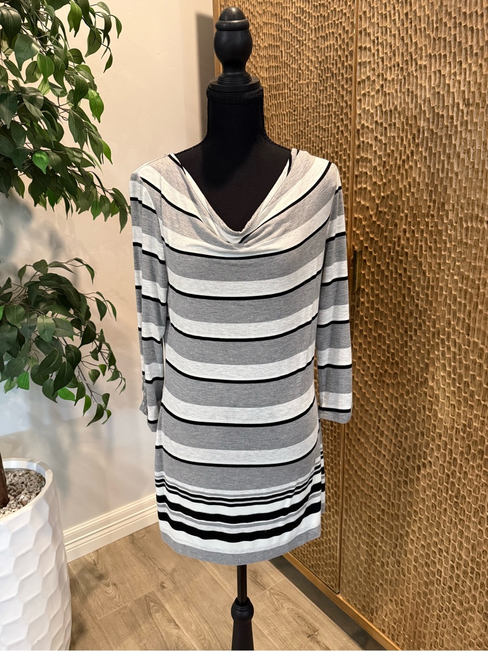White House Black Market Gray and Black Striped Cowl Neck Dress